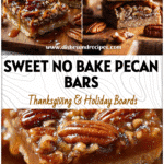 No bake pecan tart bars topped with toasted pecans and caramel drizzle on a rustic cutting board.